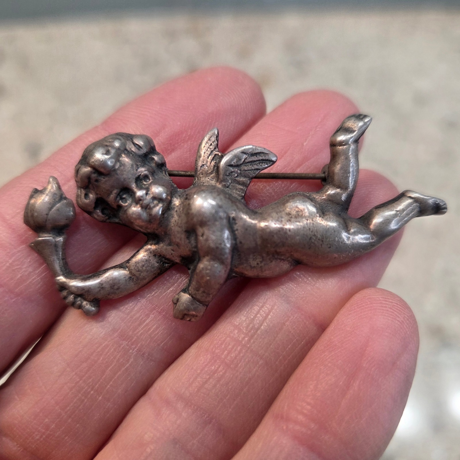 Vintage Sterling Silver Cherub Cupid Pin Brooch Flying Angel With Torch 2 Inch